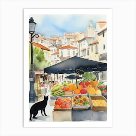 Food Market With Cats In Porto 3 Watercolour Art Print