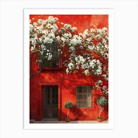 Red House With White Flowers Art Print