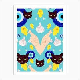 Hamsa Garlic Black Cat Art Print