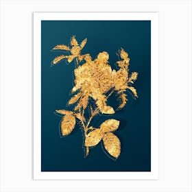 Vintage Vintage Cabbage Rose Botanical in Gold on Teal Blue n.0292 Art Print