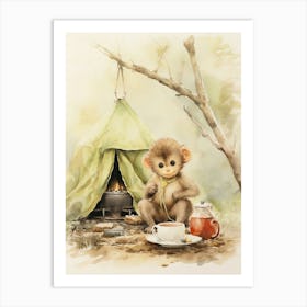 Monkey Painting Camping Watercolour 4 Art Print