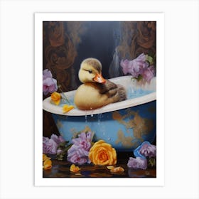 Duckling In The Bath Floral Painting 2 Art Print