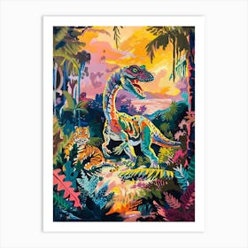 Colourful Tiger & Dinosaur In The Jungle Painting Art Print