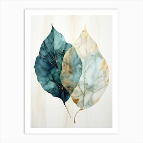 Two Leaves In Blue And Gold Art Print