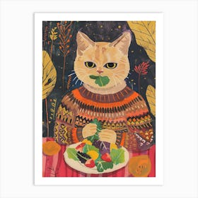 Cute Brown Cat Eating Salad Folk Illustration 4 Art Print