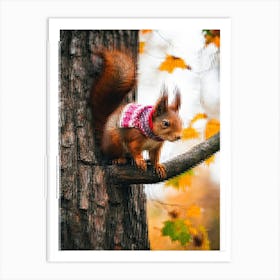 Closeup Of A Squirrel Wearing A Knitted Hat And Scarf Perched On A Branch Amidst Autumn Hued Tree Le Art Print