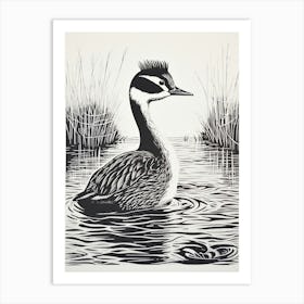 B&W Bird Linocut Grebe 2 Art Print
