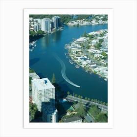 Aerial View Of A Boat Driving Through Canal In Burleigh Waters, Gold Coast. Art Print