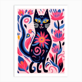 Black Cat With Flowers 5 Art Print