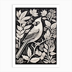 B&W Bird Linocut Cardinal 3 Art Print