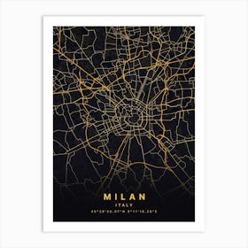 Milan Italy Black And Gold Map Art Print