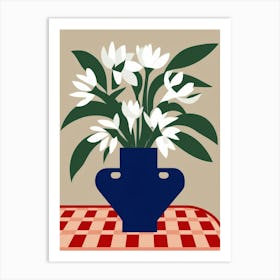 White Flowers In A Blue Vase Art Print