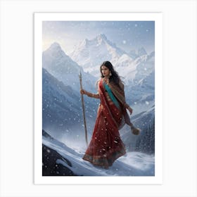 Indian Woman Embodying Grace As She Strides Towards Snowy Hills Trident In Hand Garments Billowin Art Print