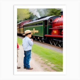 Two Boys Looking At A Train Art Print