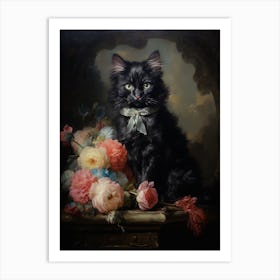 Black & Pink Cat Rococo Style 6 Art Print