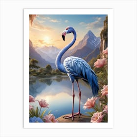 Floral Blue Flamingo Painting (50) Art Print