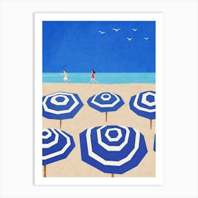 Parasols on the Beach | Beach Travel Illustration| Sea Ocean Summer Parasols | Children Playing on Vacation Art Print