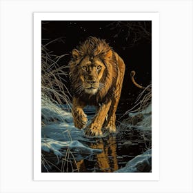 Barbary Lion Relief Illustration Night 3 Art Print