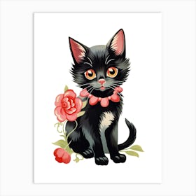 Vintage Black Cat Flowers Kitsch Art Print