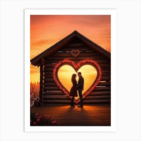 Valentines Day Theme Couple Silhouette Against A Backdrop Of A Rustic Wooden Cabin Heart Shapes C 2 Art Print