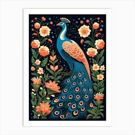 Vintage Bird Linocut Peacock 3 Art Print