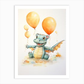 Crocodile Flying With Autumn Fall Pumpkins And Balloons Watercolour Nursery 2 Art Print