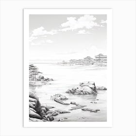 Sado Island In Niigata,, Ukiyo E Black And White Line Art Drawing 1 Art Print