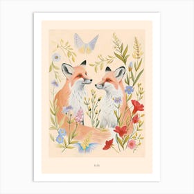 Folksy Floral Animal Drawing Fox 9 Poster Art Print