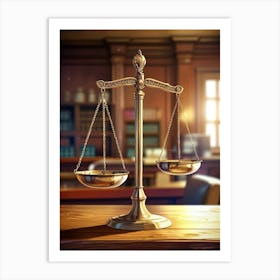 Justice Scales On A Wooden Table Art Print