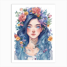 Blue Haired Girl With Flowers 1 Art Print