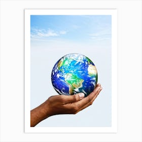 A Human Hand Cradling A Delicate Transparent Globe With Vibrant Countries And Teeming Blue Oceans S (6) Art Print