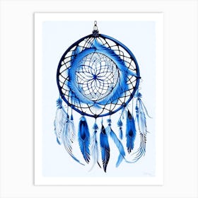 Dreamcatcher Symbol Blue And White Line Drawing Art Print