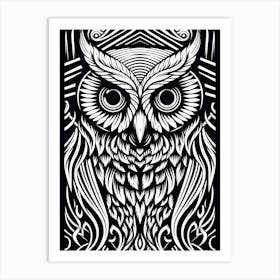 B&W Bird Linocut Owl 3 Art Print