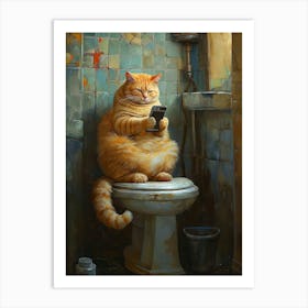 Cat Texting Using Mobile in Toilet Art Print