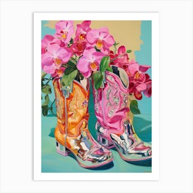 Oil Painting Of Pink And Red Flowers And Cowboy Boots, Oil Style 1 Art Print