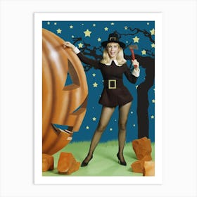 Pin Up Witch Posing With Axe Beside Big Carved Pumpkin Art Print