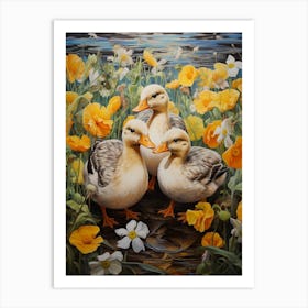 Ducklings In A Bed Of Flowers Painting 4 Art Print