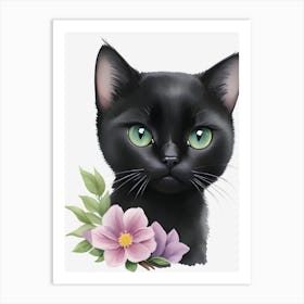 Black Cat With Flowers 1 Art Print