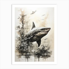 Shark, Japanese Brush Painting, Ukiyo E, Minimal 4 Art Print