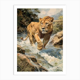 Barbary Lion Relief Illustration Crossing A River 1 Art Print