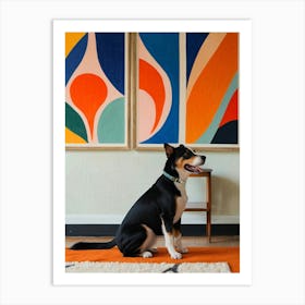 Dog In Front Of Abstract Paintings Art Print