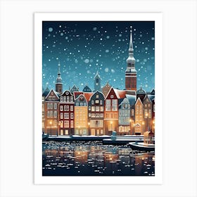 Winter Travel Night Illustration Copenhagen Denmark 3 Art Print