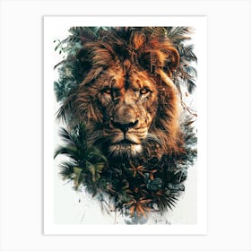 Double Exposure Realistic Lion With Jungle 38 Art Print