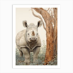 Rhino Under The Tree Vintage Illustration 3 Art Print
