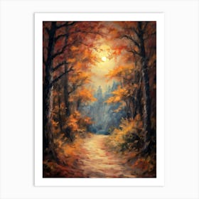 Full Moon Over A Path Through an Autumn Forest Painting | Fall Halloween Wall Art Decor | Witchy Vibrant October Woods Art Print