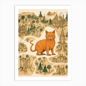 Sepia Medieval Map & Ginger Cat Art Print
