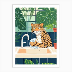 Boho Leopard Washing Dishes Art Print