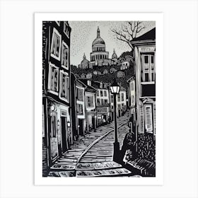 Montmartre Paris France Linocut Illustration Style 3 Art Print