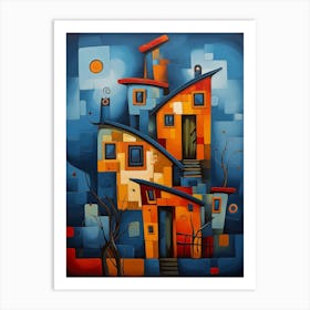Fairytale House at Night 2, Abstract Vibrant Colorful Cubism Style Art Print