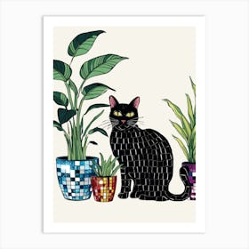 Black Cat With Potted Plants 1 Art Print